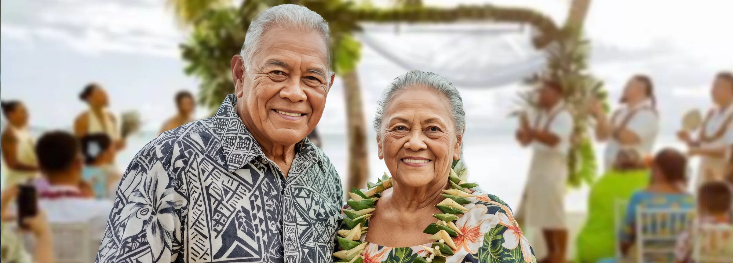 Footer_2 - Pacific Finance old pacific island couple aged 75-85 smiling at the camera in traditional dress who have used pacific finance to help them make it to a family event